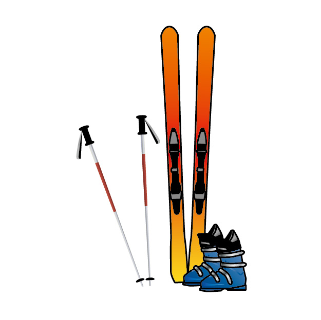 スキー板とストック、スキーブーツ