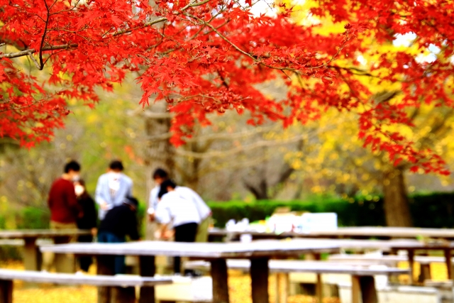 紅葉とアウトドアを楽しむ人達