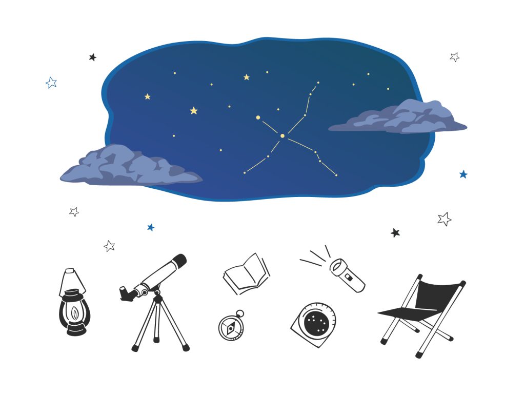 夜空の白鳥座と天体望遠鏡や方位磁針